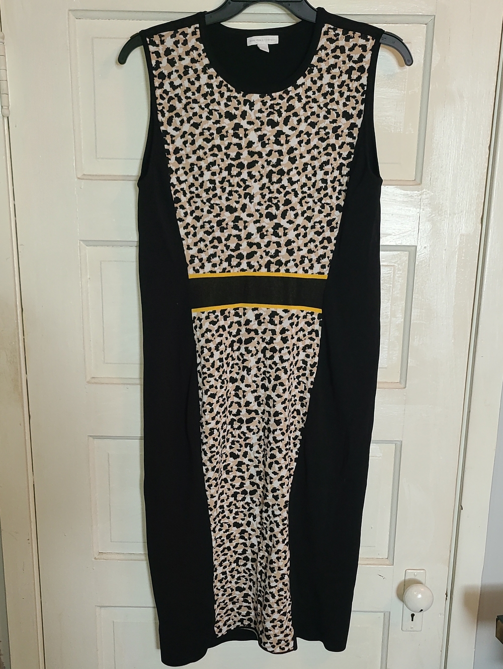 New York & Company Black Midi Dress with Beige Leopard and Yellow Accent